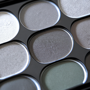 A close-up of a black and silver eyeshadow palette.