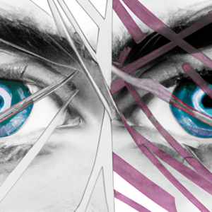 A close-up of two different-colored eyes with an abstract background of intersecting shapes and lines.