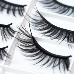 A close-up of a set of false eyelashes with dramatic, long and curled tips.